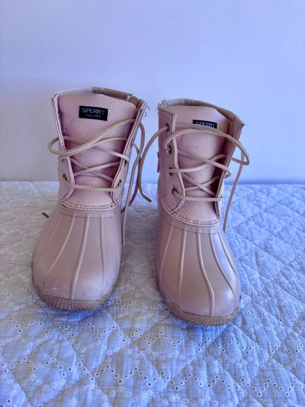 Sperry Duck Boots Girls Size 3 Pink Khaki Waterproof Lace Up Rain Boots